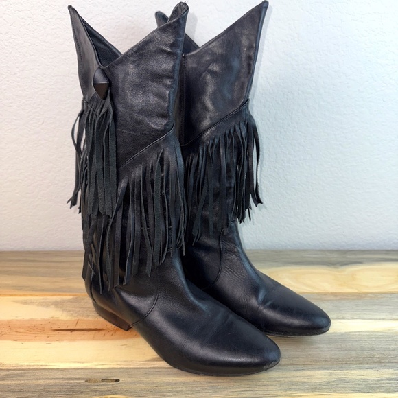 Pour La Victoire Black Fringe Heeled Boots - Picture 1 of 10
